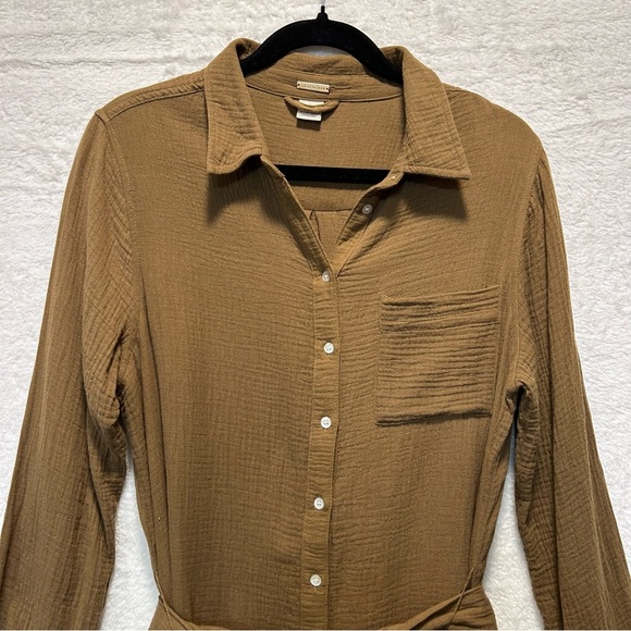 Magaschoni Organic Cotton Gauze Tie Waist Shirt Dress Brown Minimalist Sz L - Picture 5 of 8